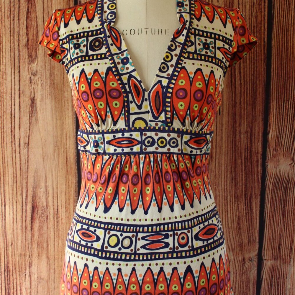 Trina Turk Womens Blouse, Silk, Size 0, Tribal Pattern in Orange and Navy - Picture 2 of 12